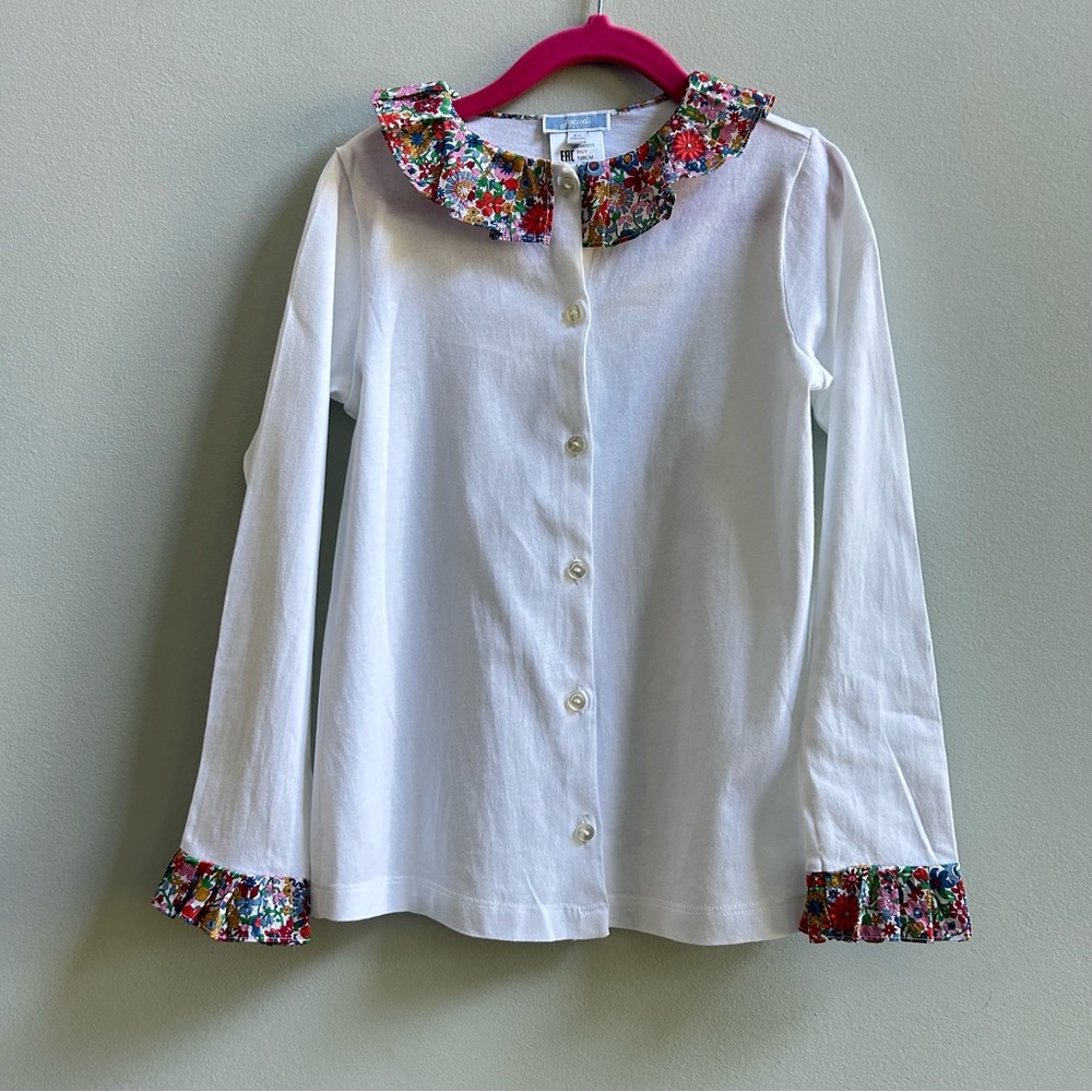 Jacadi Paris White Long Sleeves, Pleated Collar Organic Cotton Blouse, Size 8A
